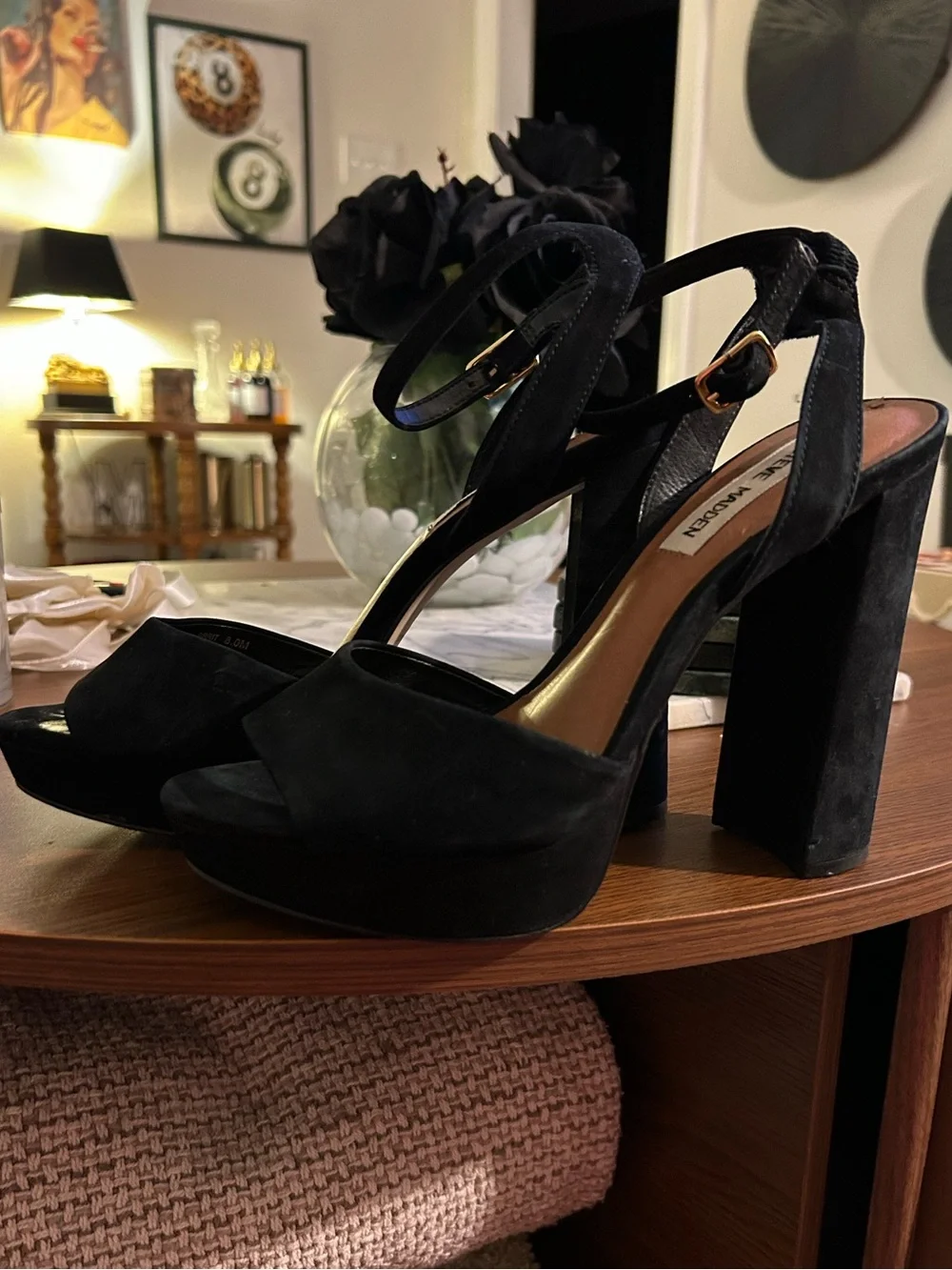 Steve Madden Black Suede Platform Ankle-Strap Block Heels